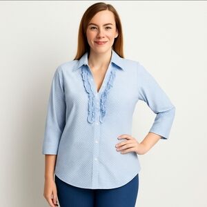 New York and Co Stretch Ruffled Blue Checked blouse size XL